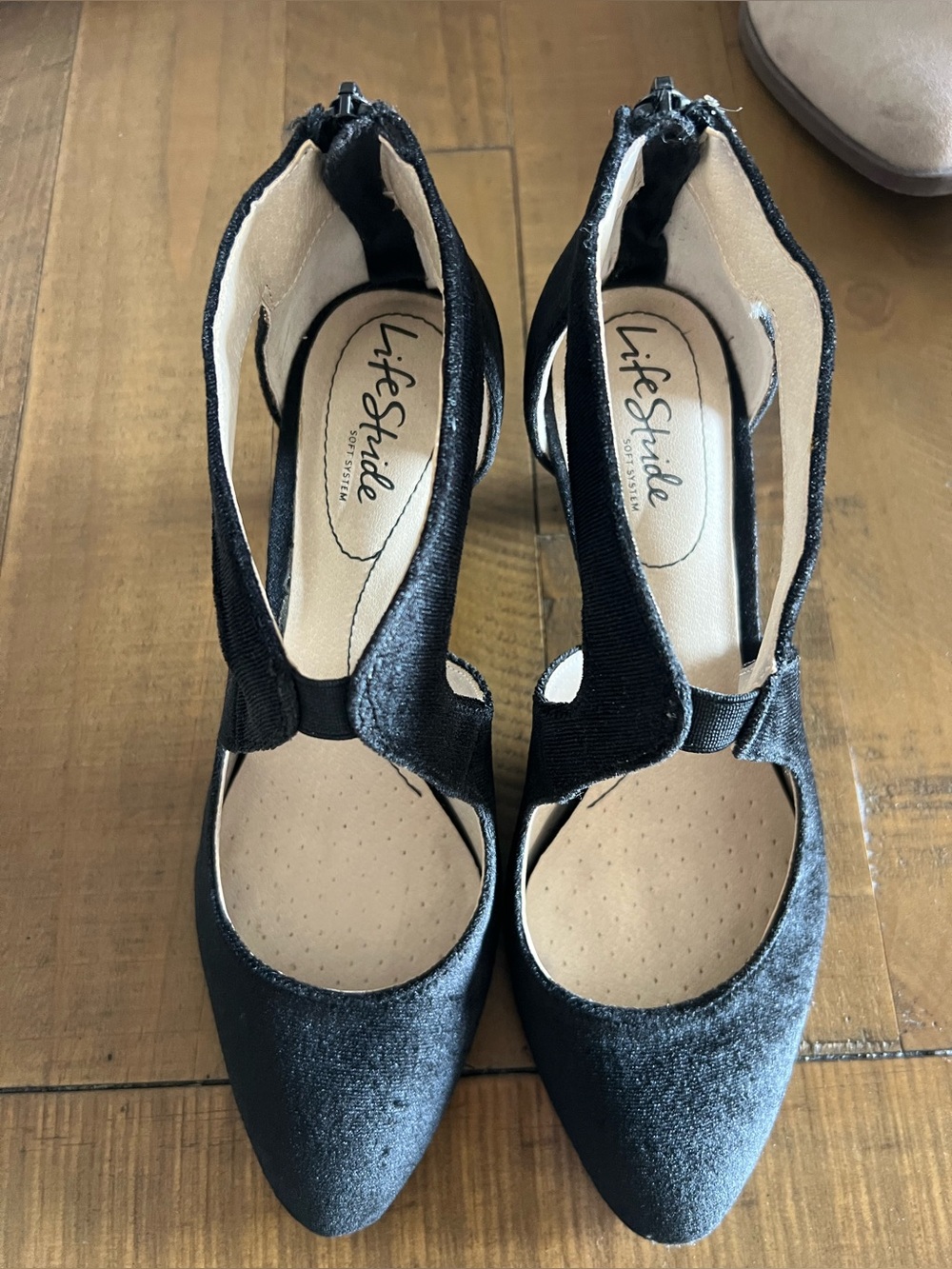 Life Stride Black Velvet Pointed-Toe T-Strap Pumps with Back Zip